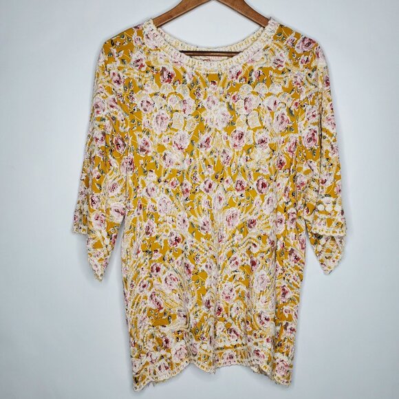 Solitaire Womens Colorful Floral Embroidered Top Size L 3/4 Sleeve BOHO Peasant - Picture 1 of 9